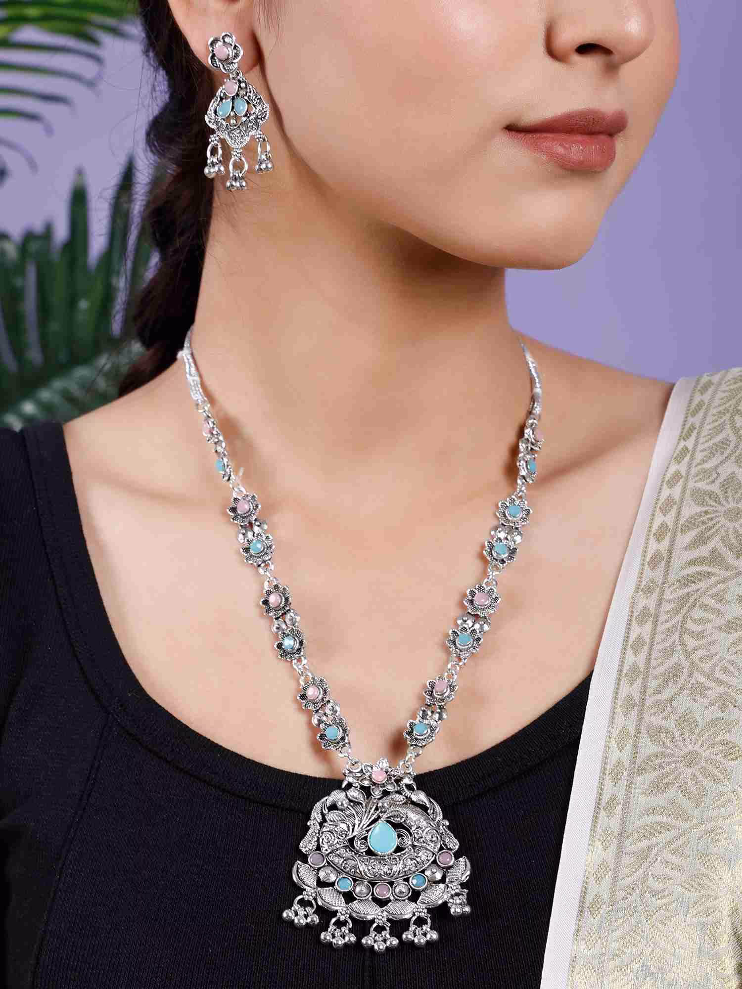 Fistena Necklace Set Triangle Long Flower - Image 4