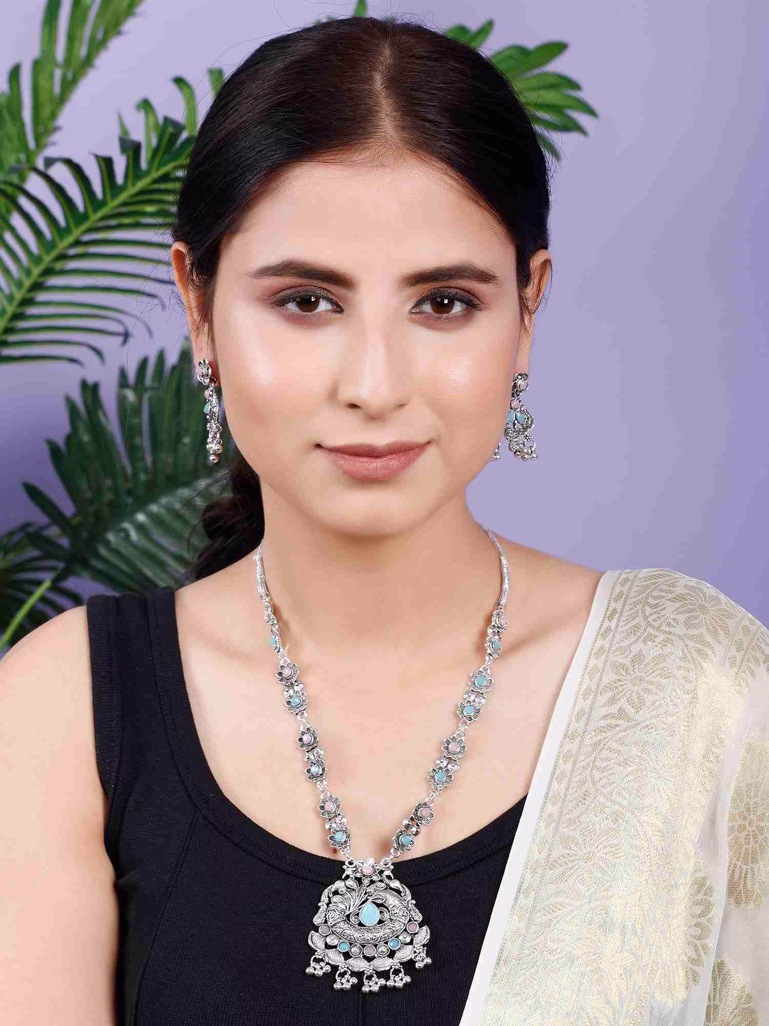 Fistena Necklace Set Triangle Long Flower - Image 3