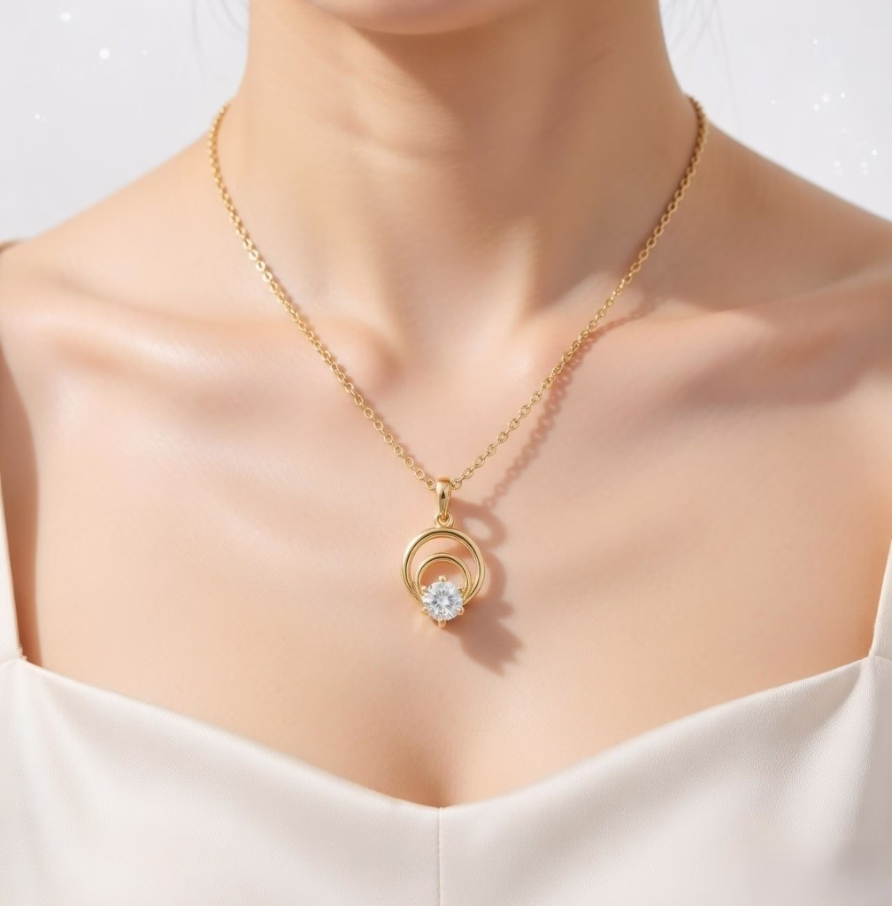 Fistena Classic Dual Round Shape CZ Stone Gold Plated Pendant - Image 2