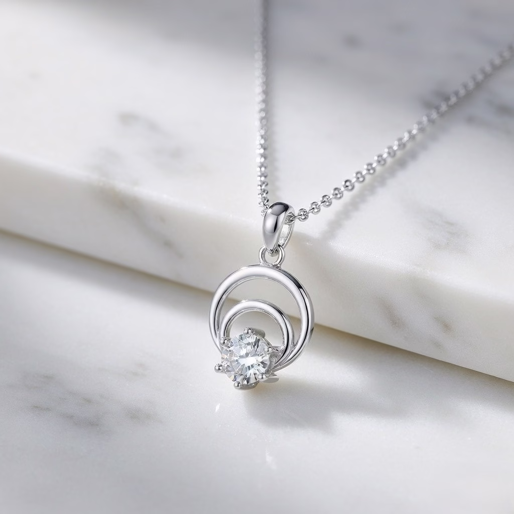 Fistena Classic Dual Round Shape CZ Stone Silver Plated Pendant - Image 4